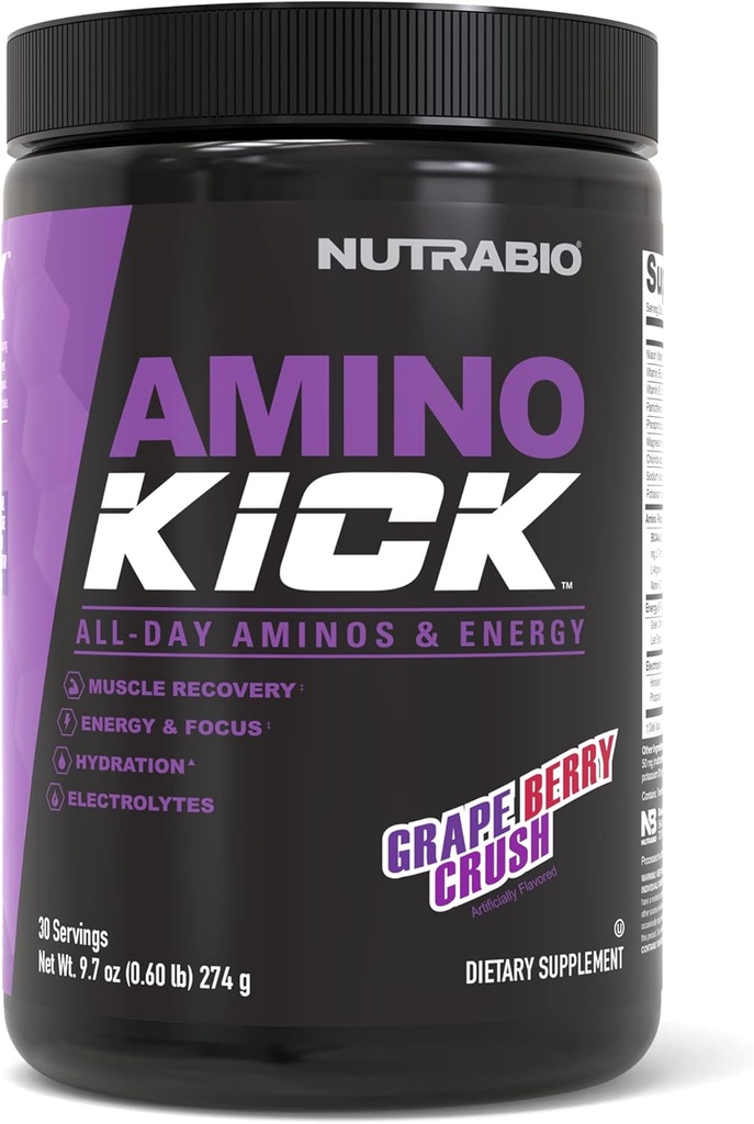 NutraBio Amino Kick – BCAA Powder with Natural Caffeine – Amino Acids Supplement for Energy, Hydration & Recovery – BCAAs, Electrolytes & Amino Acids – Grape Berry Crush, 30 Servings 2