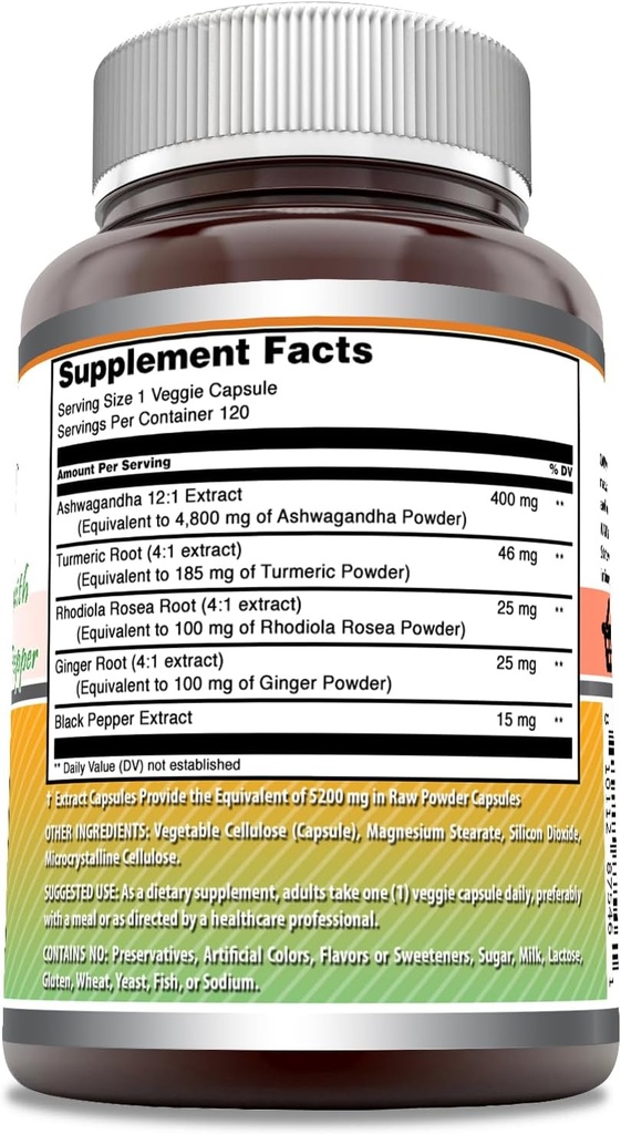Amazing Formulas Ashwagandha Supplement | Contains Turmeric, Ginger, Rhodiola, & Black Pepper | 5200 Mg Per Serving | Veggie Capsules | Non-GMO | Gluten-Free | Made in USA (1 Pack | 120 Count) 3
