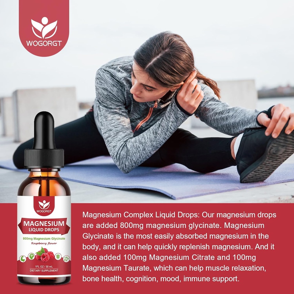 (2 Pack) Magnesium Glycinate Liquid Drops with Citrate & Taurate - High Absorption 1000mg Liquid Magnesium Complex with D3, GABA, L-theanine for Cognition, Muscle & Focus, Raspberry Flavor - 30mL 5
