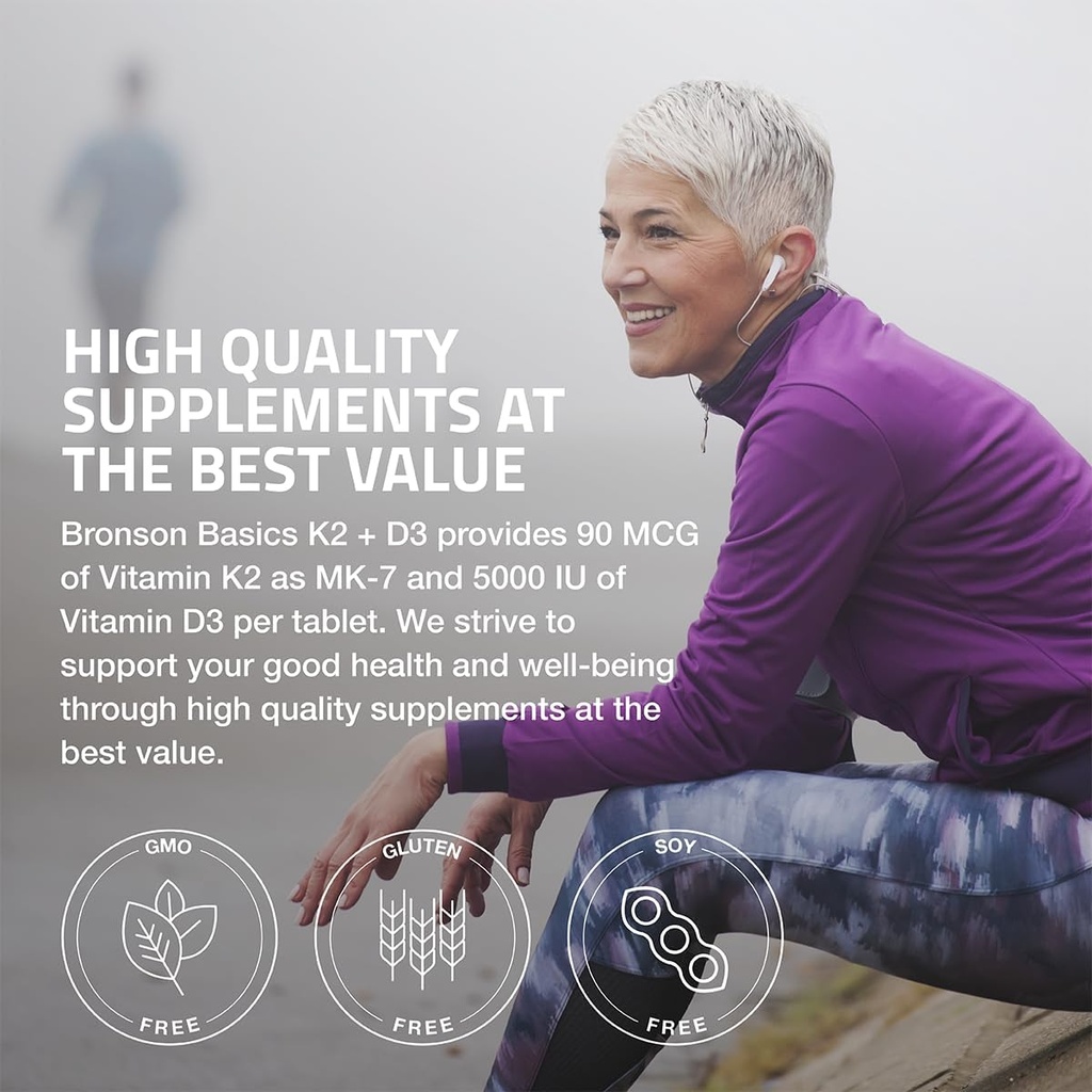 Bronson Vitamin K2 D3 (MK7) Supplement Non-GMO Formula Vitamin D3 5000IU (125 mcg) & 90 mcg K2 MK-7, Easy to Swallow D & K Complex, 200 Tablets 5