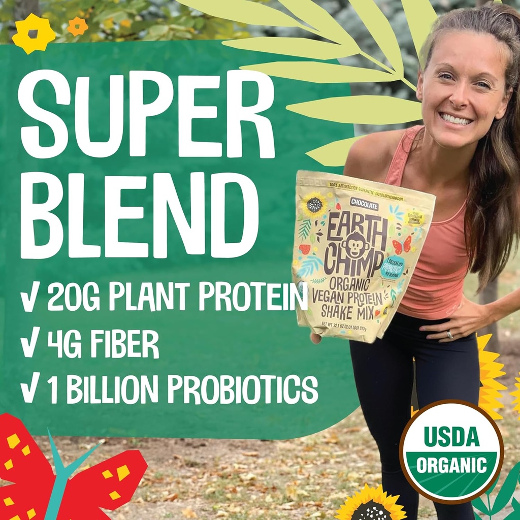 EarthChimp Organic Vegan Protein Powder - with Probiotics - Non GMO, Dairy Free, Non Whey, Plant Based Protein Powder for Women and Men, Gluten Free - 52 Servings 64 Oz (Vanilla) 4