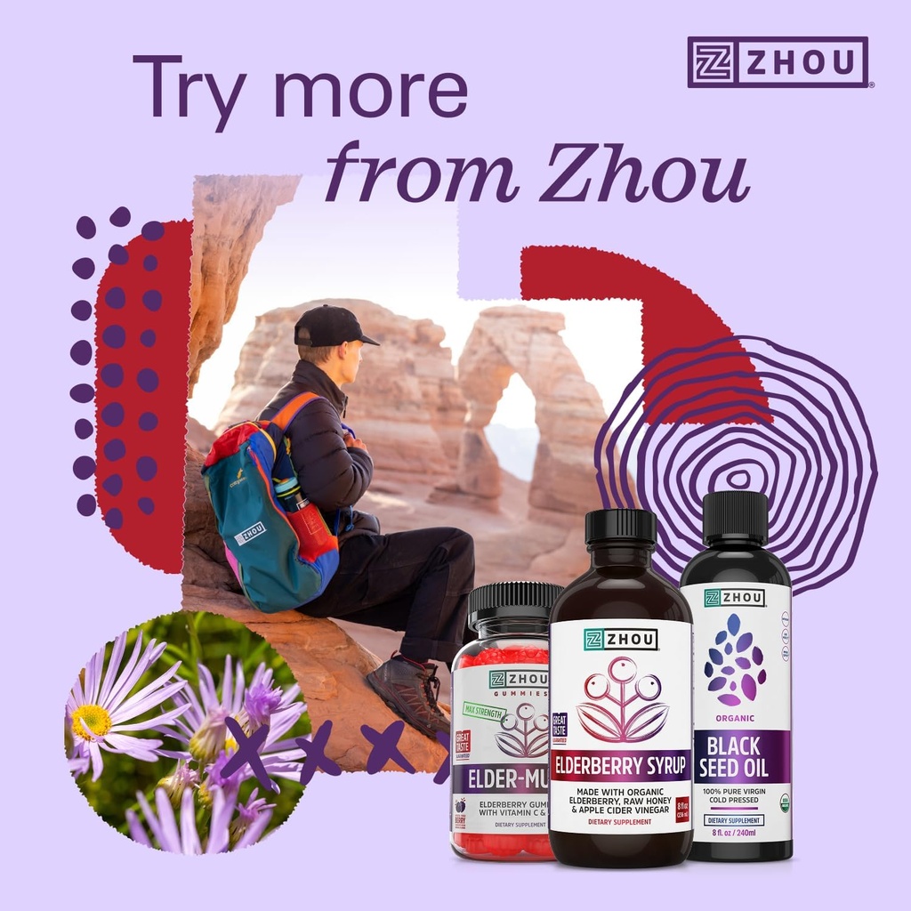 Zhou Nutrition Elder-Mune+ Syrup - Organic Black Elderbery Syrup for Adults, Immune Support Elixir with Apple Cider Vinegar, Echinacea Tincture, Natural Wellness - 8 Fl Oz Glass Bottle 6