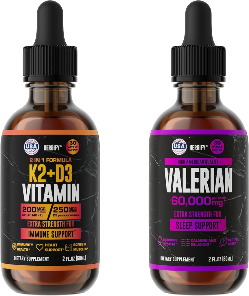 HERBIFY Bundle - K2 and D3 Drops & Valerian Root Tincture - Bone Strength & Nervous System Support 2