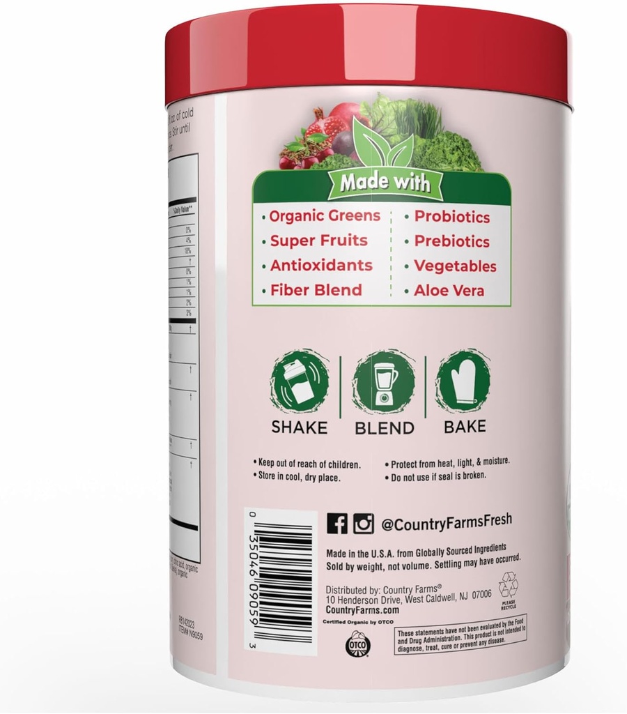 Country Farms Organic Super Greens Berry Flavor, 50 Organic Super Foods, Packed with Fiber, USDA Organic Drink Mix, Fruits, Vegetables, Mushrooms & Probiotics, Supports Energy, 5g Fiber 3