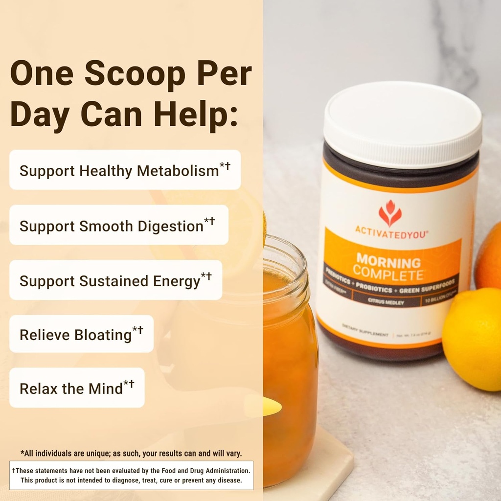 ACTIVATEDYOU Morning Complete Daily Wellness Greens Superfood Drink Mix for Gut Health w/Prebiotics, Probiotics, Antioxidants, Green Superfoods, 10 Billion CFUs (3 Pack, Citrus Medley) 4