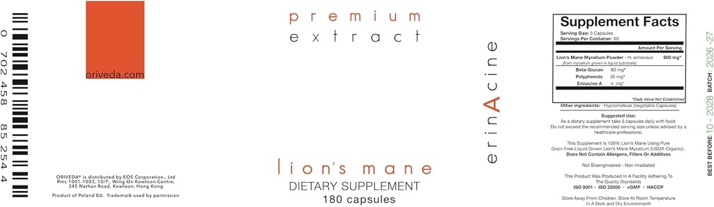 Lion’s Mane Organic Mushroom Extract Oriveda 2-Pack - Fruiting Body 180 v-caps, Mycelium 120 v-caps Supports The Brain and Nervous System 6