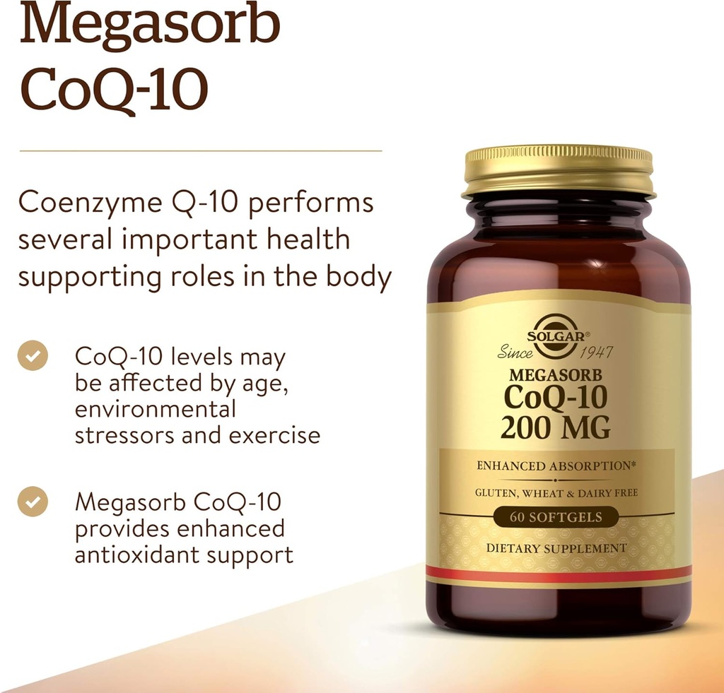 Solgar Megasorb CoQ-10 200 mg, 60 Softgels - Supports Heart & Brain Function - Coenzyme Q10 Supplement - Enhanced Absorption - Gluten Free, Dairy Free - 60 Servings 4