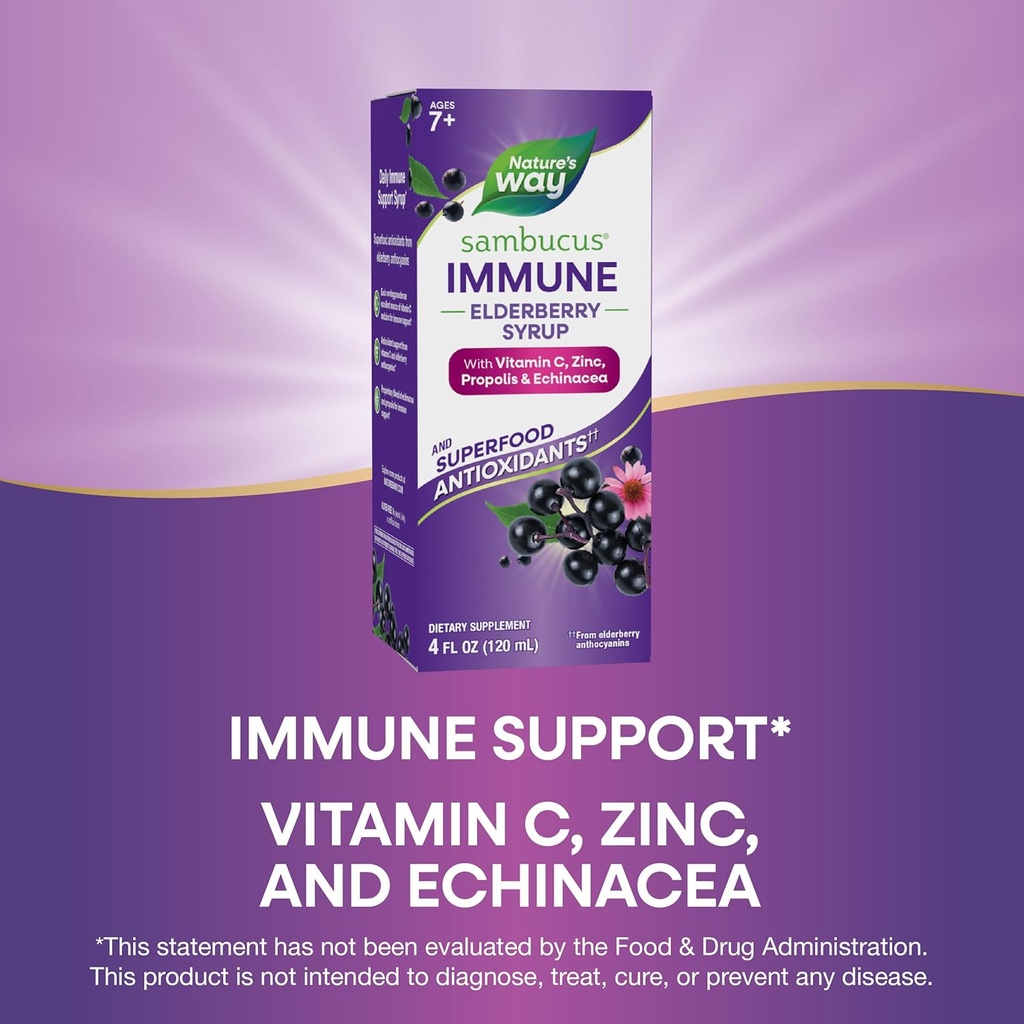 Nature's Way Sambucus Elderberry Immune Syrup, Elderberry extract Vitamin C and Zinc with Propolis & Echinacea for Immune Support*, Gluten Free, Vegetarian, 4 Fl Oz 5
