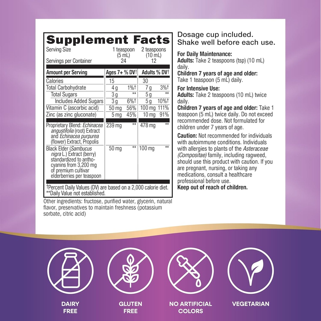 Nature's Way Sambucus Elderberry Immune Syrup, Elderberry extract Vitamin C and Zinc with Propolis & Echinacea for Immune Support*, Gluten Free, Vegetarian, 4 Fl Oz 6