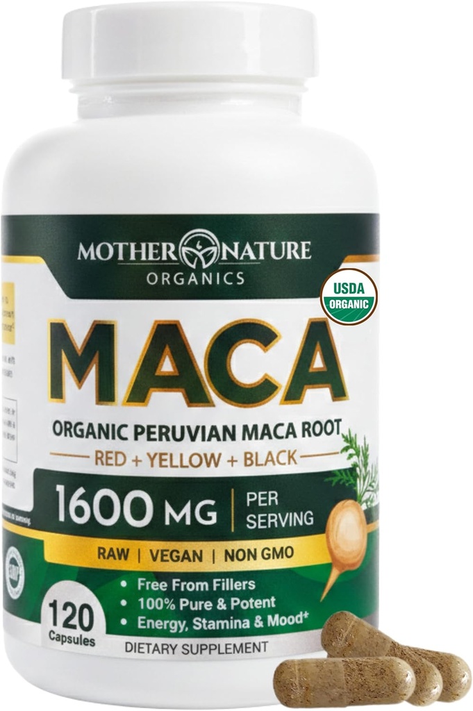 Mother Nature USDA Organic Maca Root Black + Red + Yellow Capsules Peruvian Maca for Men & Women 1600mg, Vegan Pills, Supports Mood, Hormonal Balance Reproduction & Energy (90ct) 2