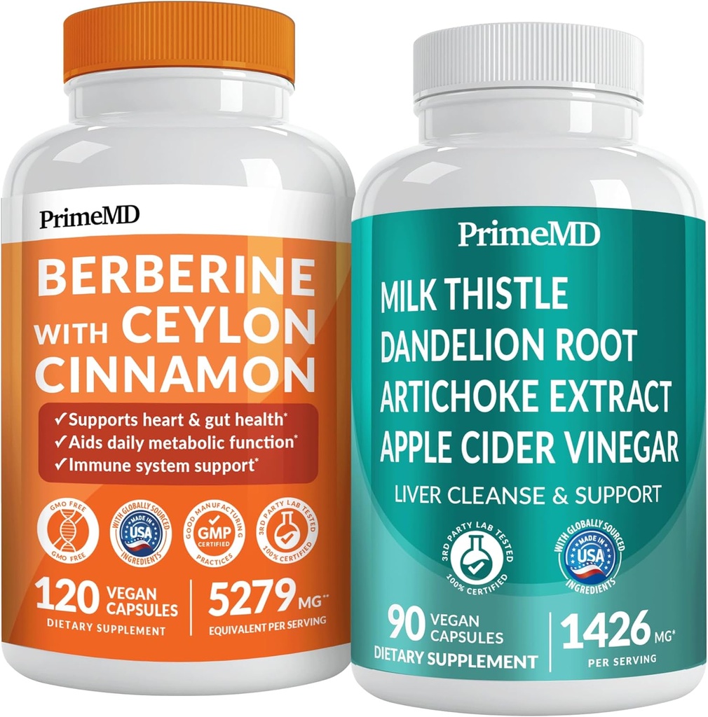 PrimeMD 21-in-1 Berberine Supplement with Ceylon Cinnamon, Chromium, Bitter Melon and Green Tea Extract (120 ct) & 2