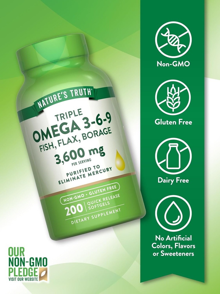 Nature's Truth Triple Omega 3 6 9 | 3600mg | 200 Softgels | Fish, Flax, and Borage Oils | Non-GMO & Gluten Free Supplement 4