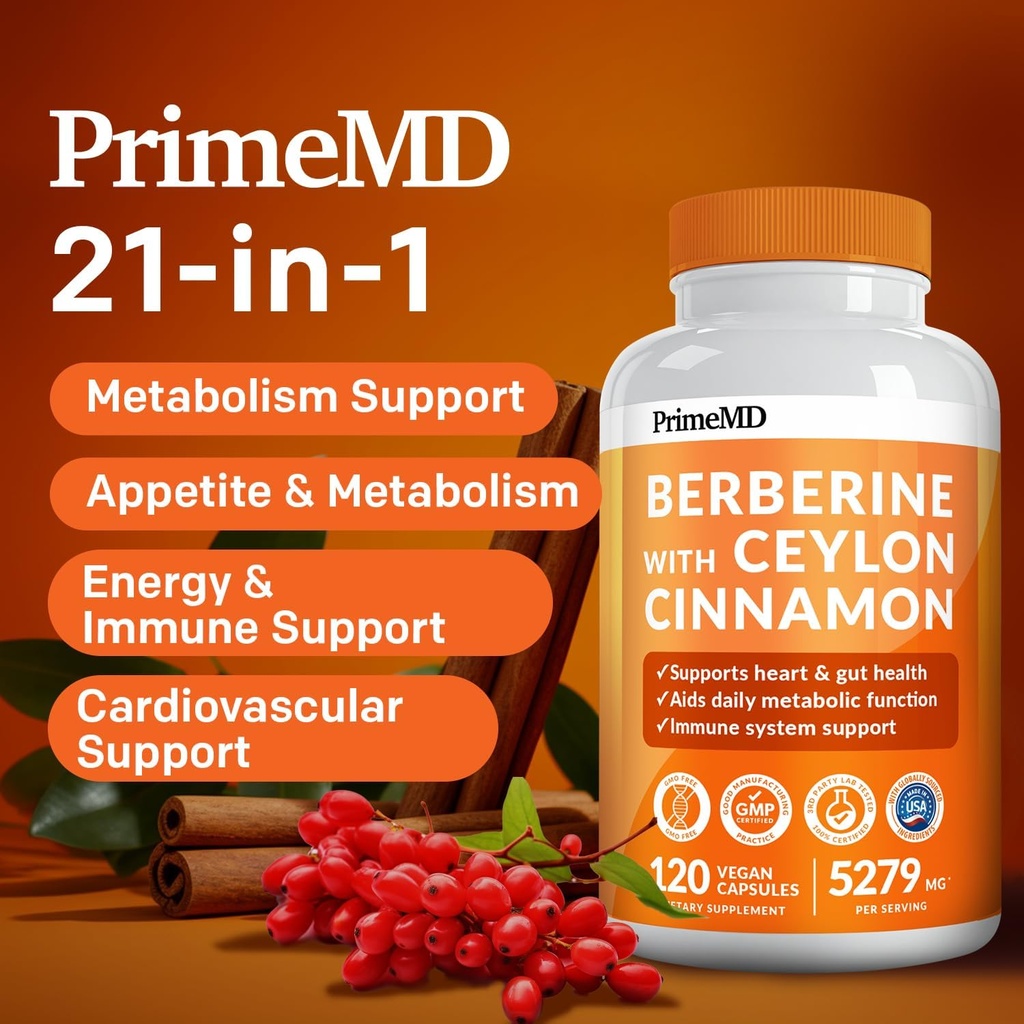 PrimeMD 21-in-1 Berberine Supplement with Ceylon Cinnamon, Chromium, Bitter Melon and Green Tea Extract (120 ct) & 4