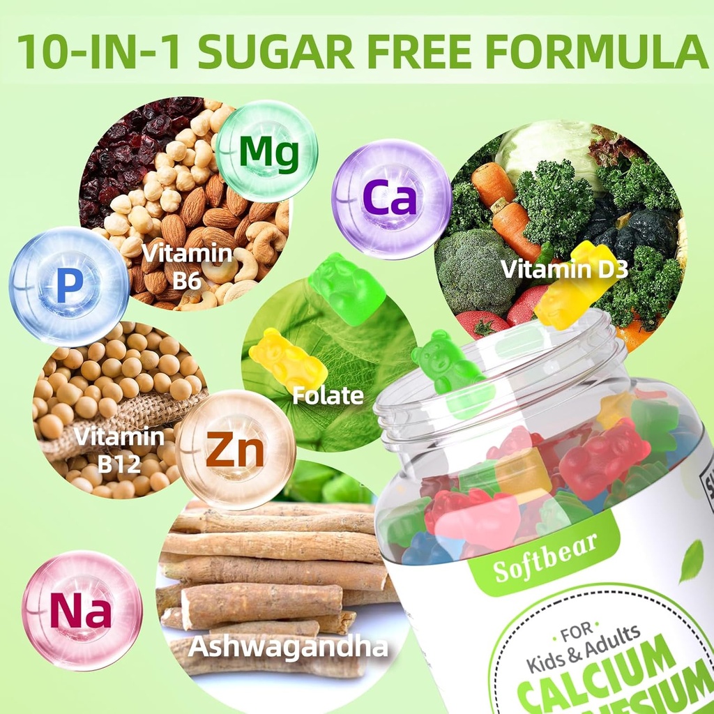 softbear Calcium Magnesium Zinc Gummies for Adult & Kids, Suagr-Free Calcium Magnesium Zinc Vitamin D3 Supplement for Bone Strength & Immune Health, Mixed Fruit Flavor 120 Count 4