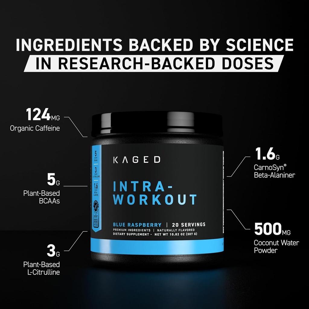 Kaged Intra-Workout Powder In-Kaged BCAAs, L-Citrulline & Beta-Alanine for Endurance 124mg Organic PurCaf Caffeine Coconut Water Powder 20 Servings Blue Raspberry 3