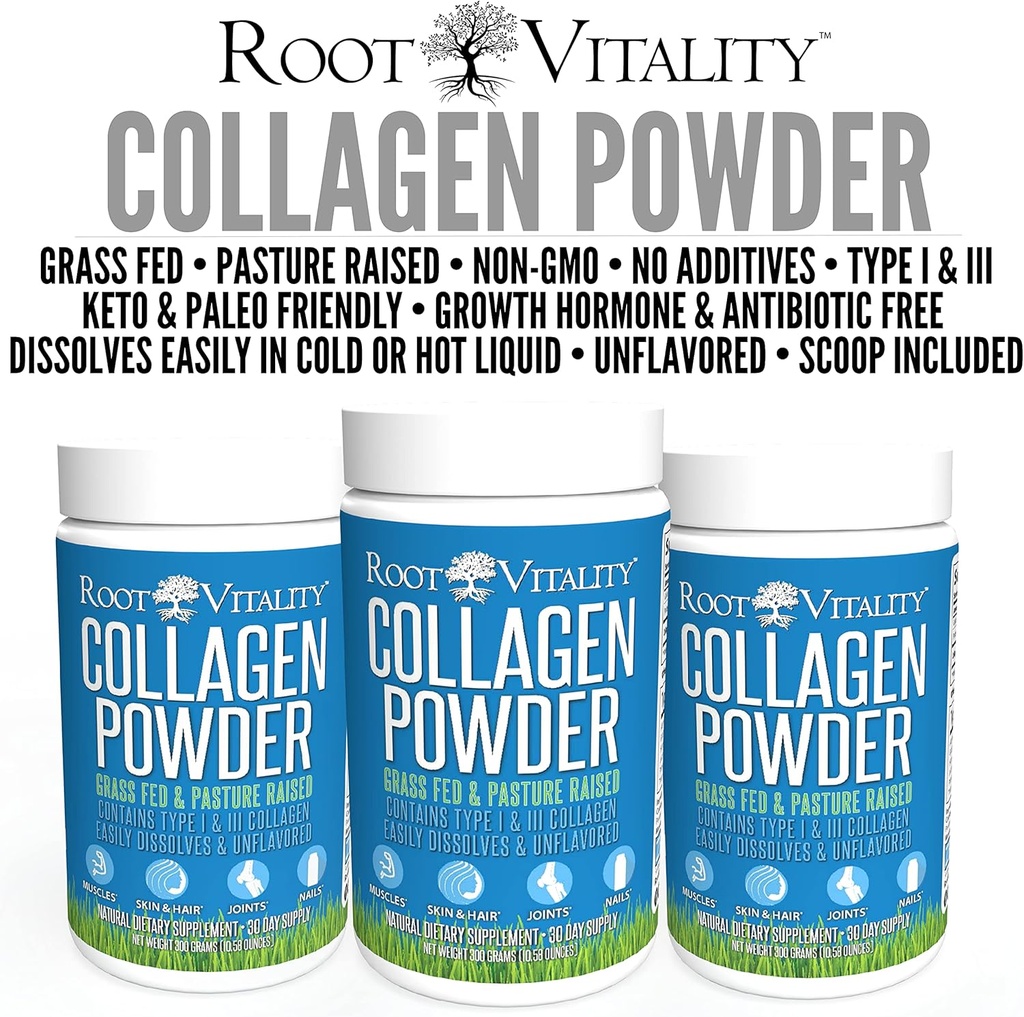 Root Vitality Collagen Peptides Powder - Grass-Fed, Pasture-Raised Hydrolyzed Protein Supplement for Skin, Hair, & Nails - Non-GMO, Zero Sugar Daily Supplement for Men & Women (30 Servings) 4