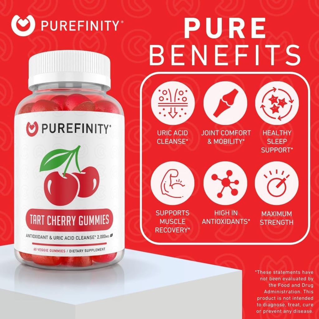 PUREFINITY Tart Cherry Gummies – Uric Acid Flush for Joint Relief & Recovery, Raw Juice Extract Antioxidant – Non-GMO, Gluten Free, Vegan, 60 Count (Pack of 2) 4