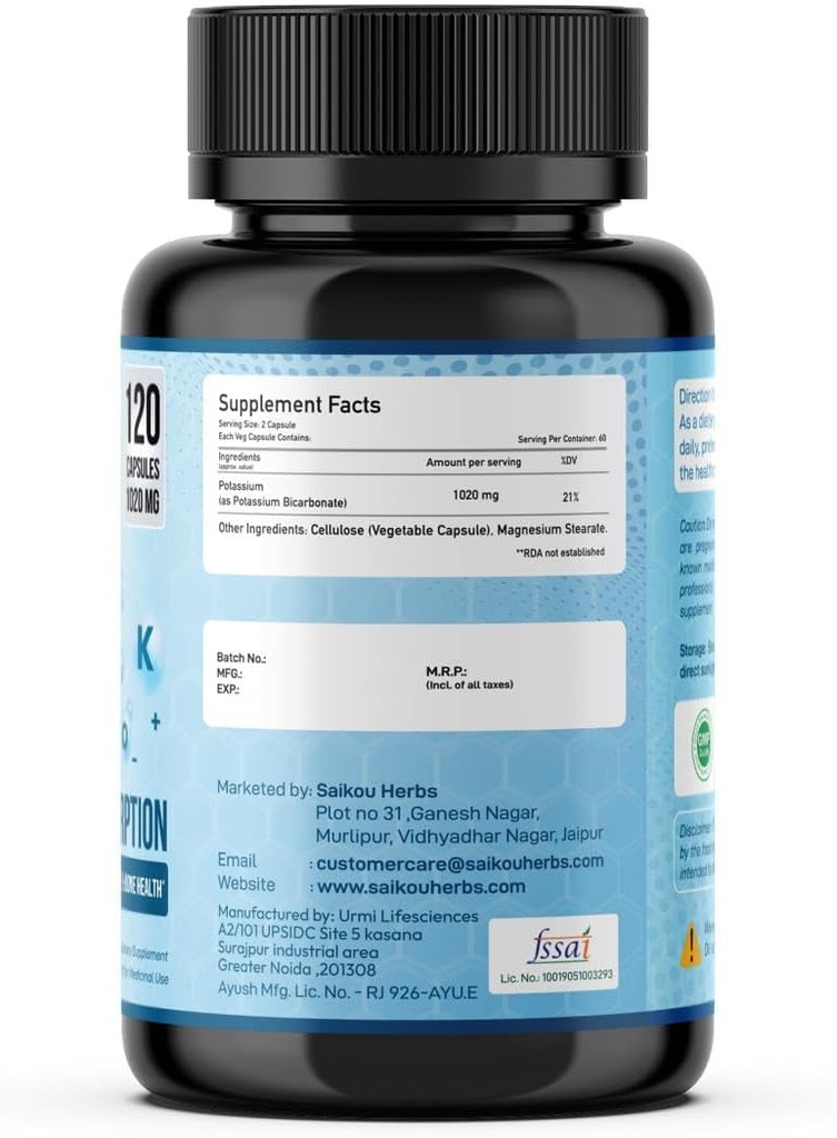 Potassium Supplement 1020mg High Absorption Potassium Bicarbonate- 120 Capsules Supports Electrolyte Balance, Kidney and Bone Health 6