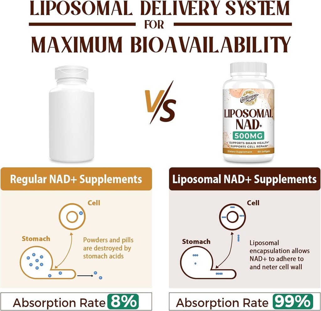 Liposomal NAD+ 500 MG Supplement, True NAD Plus Supplement, Superior Absorption, Boost NAD+ More Efficient Than Nicotinamide Riboside for Cellular Energy, Healthy Aging, 240 Serving 4