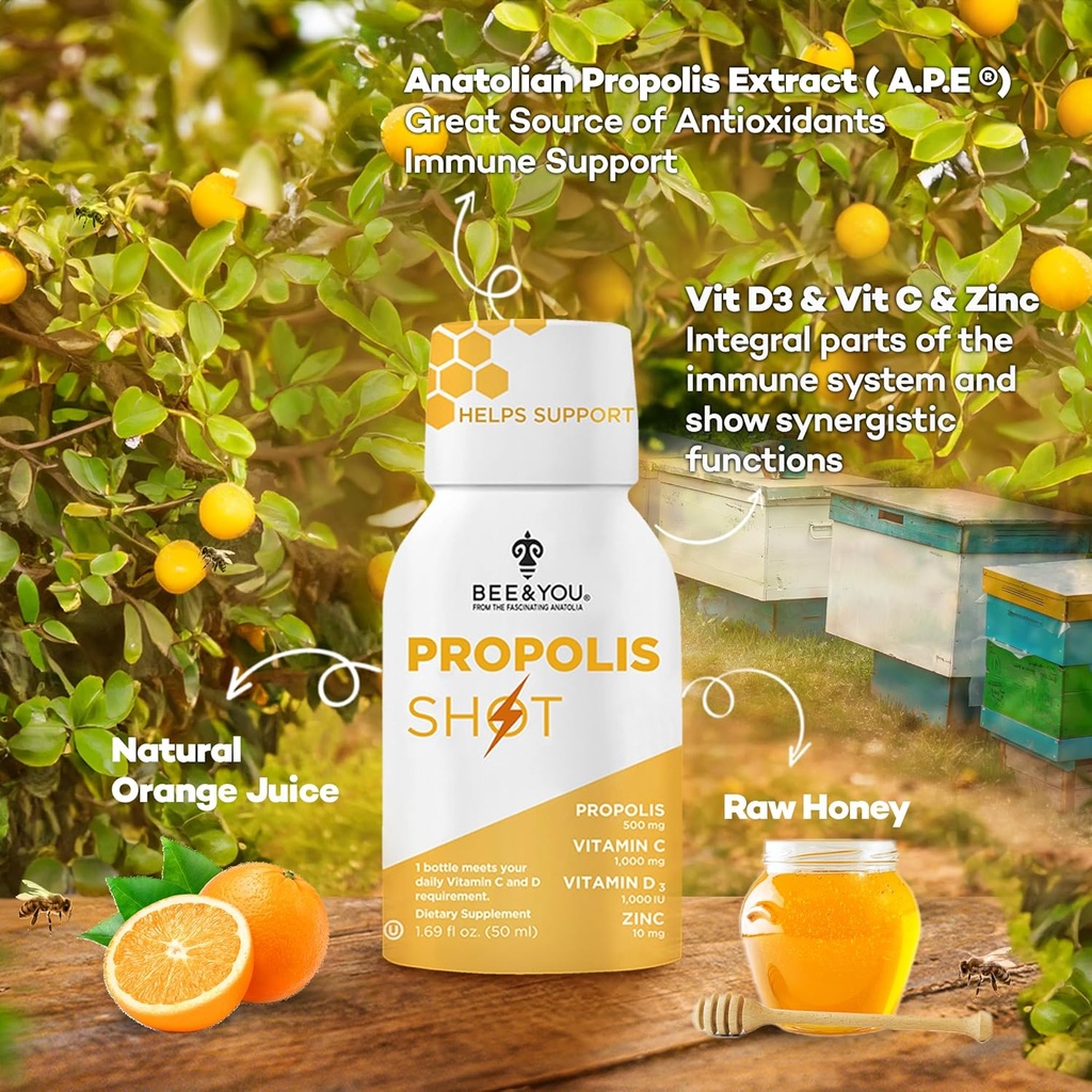 BEE and You Bundle: Propolis Shot with Vitamin C, D3 and Zinc with Propolis Raw Honey Throat Spray, Ultra Pure, 100% Natural, Immune Support, Superfood 3