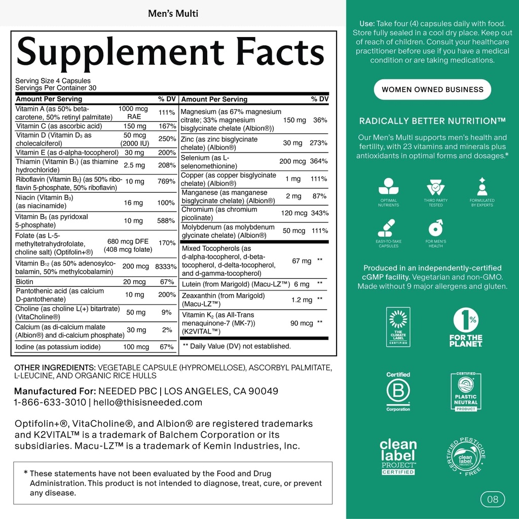 Needed. Multivitamin for Men - 25 Optimal Nutrients for Fertility & Men's Health - Mens Multivitamin with Vitamin D3 2000IU, B12 Vitamins, 200 MCG Selenium - Men's Fertility Supplement, 30 Day Supply 3