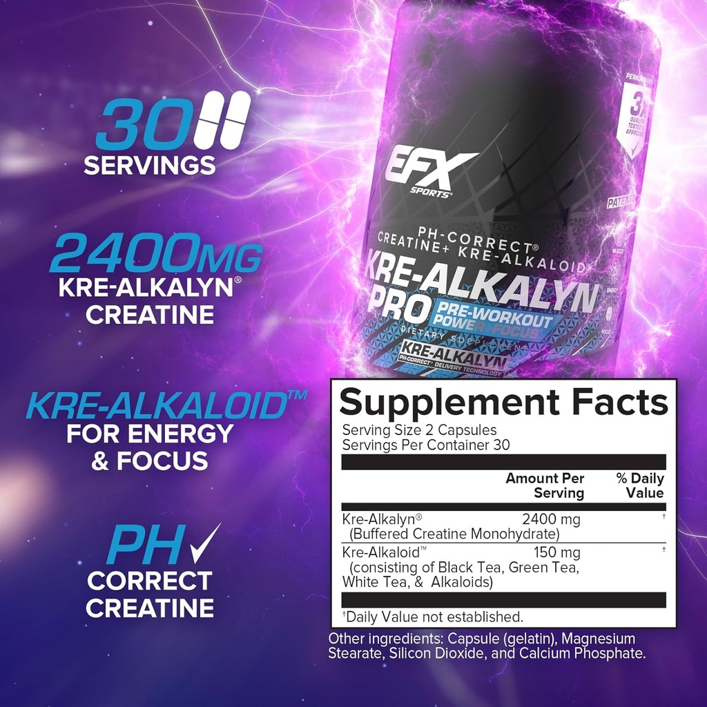 EFX Sports Kre-Alkalyn Pro | pH Correct Creatine Monohydrate Pill Supplement | Muscle Building Pre Workout for Men & Women | 30 Servings, 60 Capsules 4