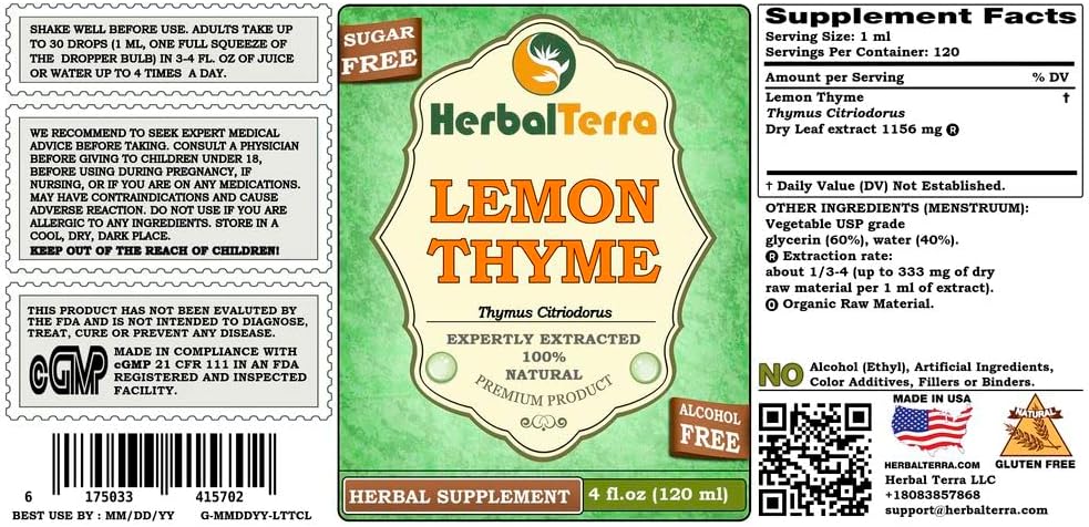 Lemon Thyme (Thymus x Citriodorus) Glycerite, Organic Dried Herb Alcohol-Free Liquid Extract (Brand Name: HerbalTerra, Proudly Made in USA) 4x4 fl.oz (4x120 ml) 3