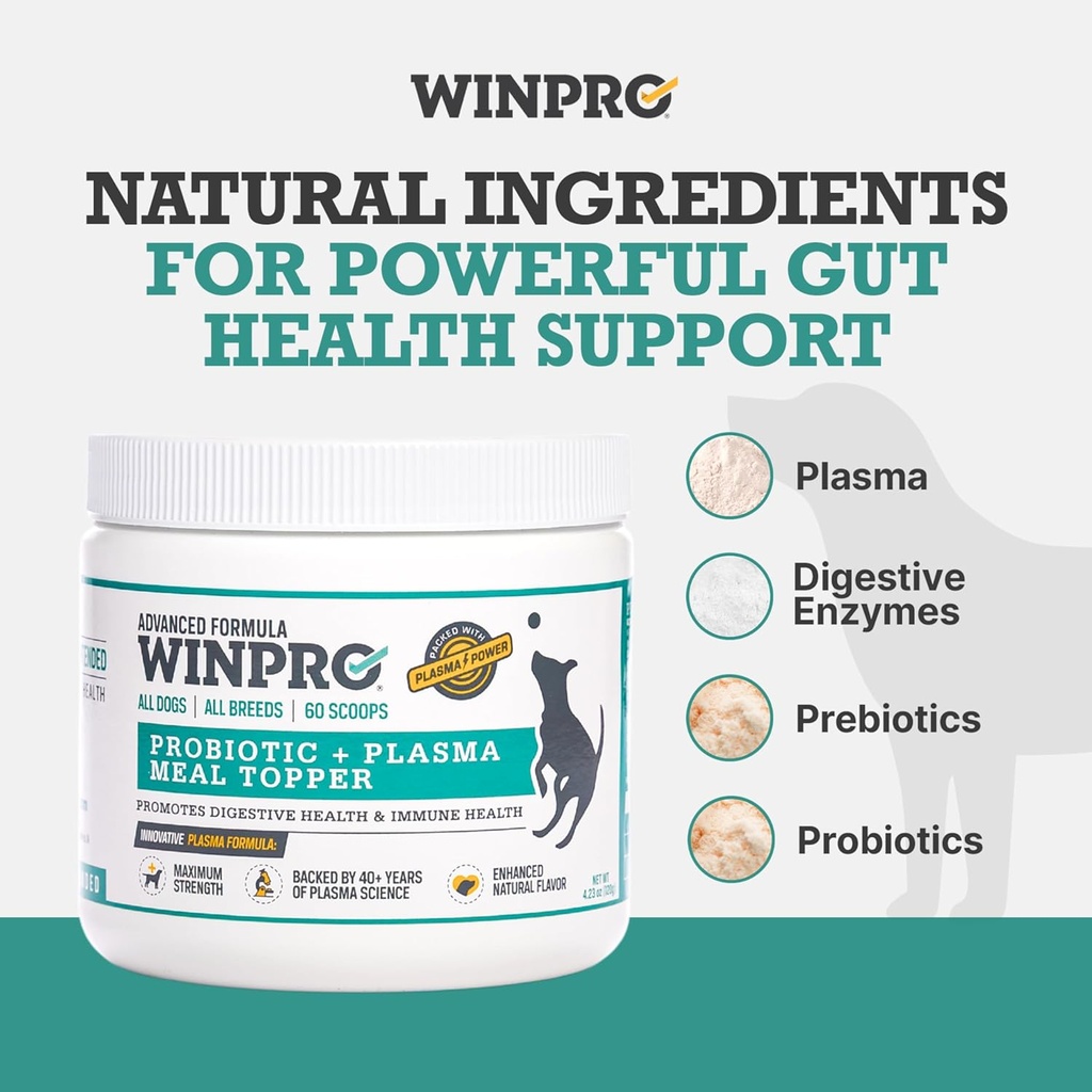 WINPRO Dog Probiotic Powder Meal Topper, Spray Dried Plasma with Prebiotics and Probiotics for Digestive Support and Gut Health for Dogs, All Breeds, Ages, and Sizes, 60 Scoops, Made in USA 5