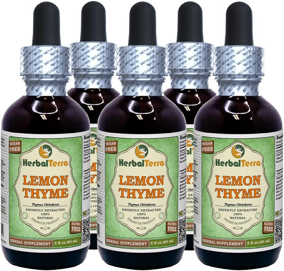 Lemon Thyme (Thymus x Citriodorus) Glycerite, Organic Dried Herb Alcohol-Free Liquid Extract (Brand Name: HerbalTerra, Proudly Made in USA) 4x4 fl.oz (4x120 ml) 6