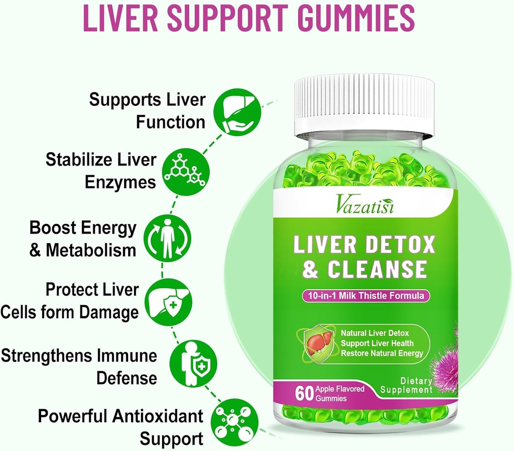 Liver Cleanse Detox Repair Gummies, Milk Thistle Gummies with Artichoke, Dandelion for Liver Support, Vegan & Non-GMO, Gelatin-Free, Apple Flavor 120ct 5
