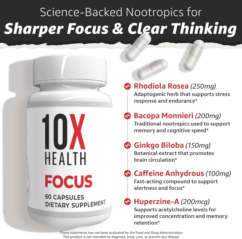 10X Health Focus Rhodiola Rosea - Brain Supplements for Memory and Focus - 60 Capsules Focus Supplement, Memory Supplement for Brain Health with Ginkgo Biloba, Huperzine A - Ginkgo Biloba Capsules 5