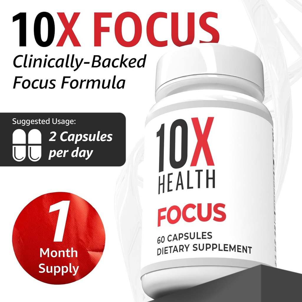 10X Health Focus Rhodiola Rosea - Brain Supplements for Memory and Focus - 60 Capsules Focus Supplement, Memory Supplement for Brain Health with Ginkgo Biloba, Huperzine A - Ginkgo Biloba Capsules 6