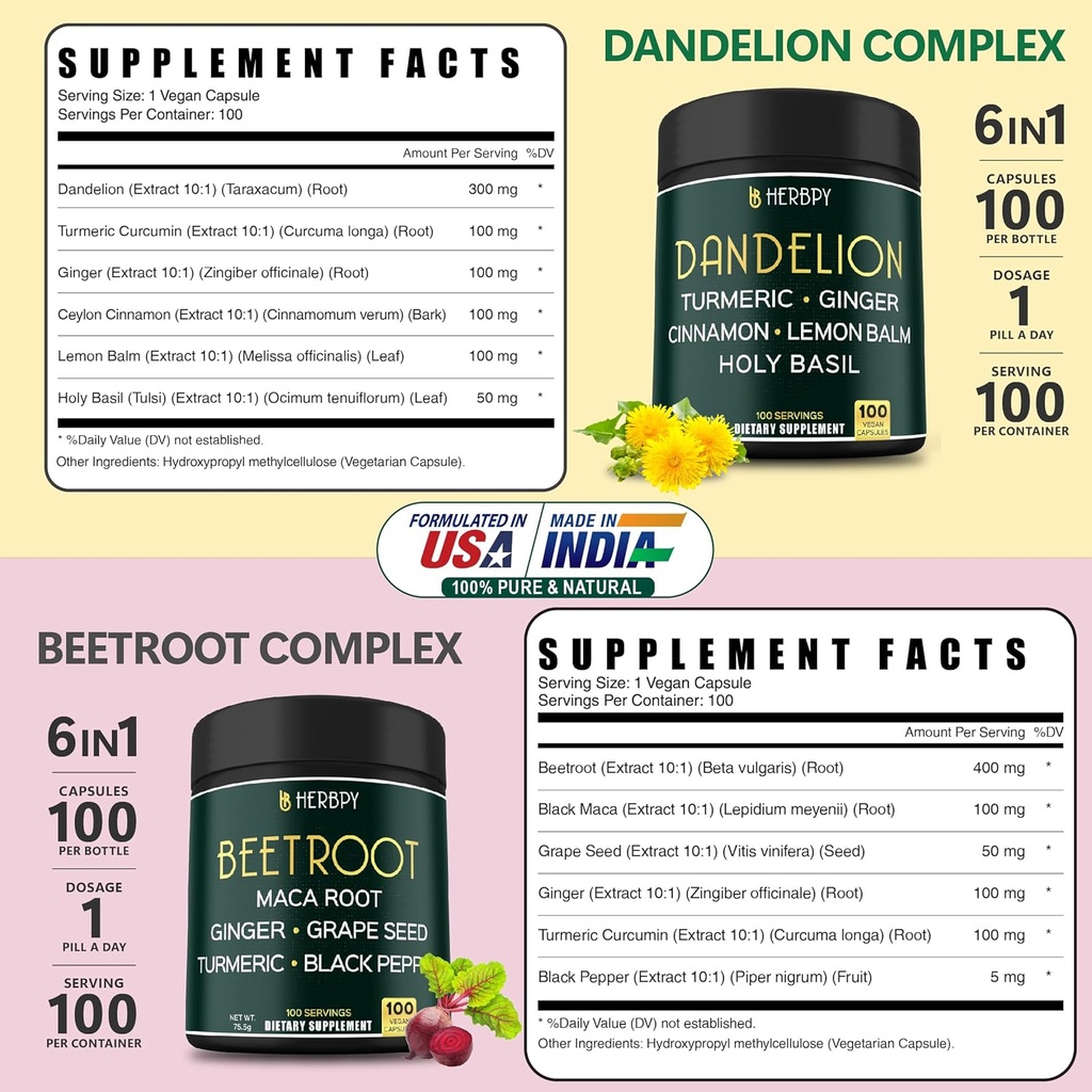 Bundle 6in1 Dandelion Supplement & 6in1 Beet Root Capsules - Support Digestive, Immune and Heart Health 3