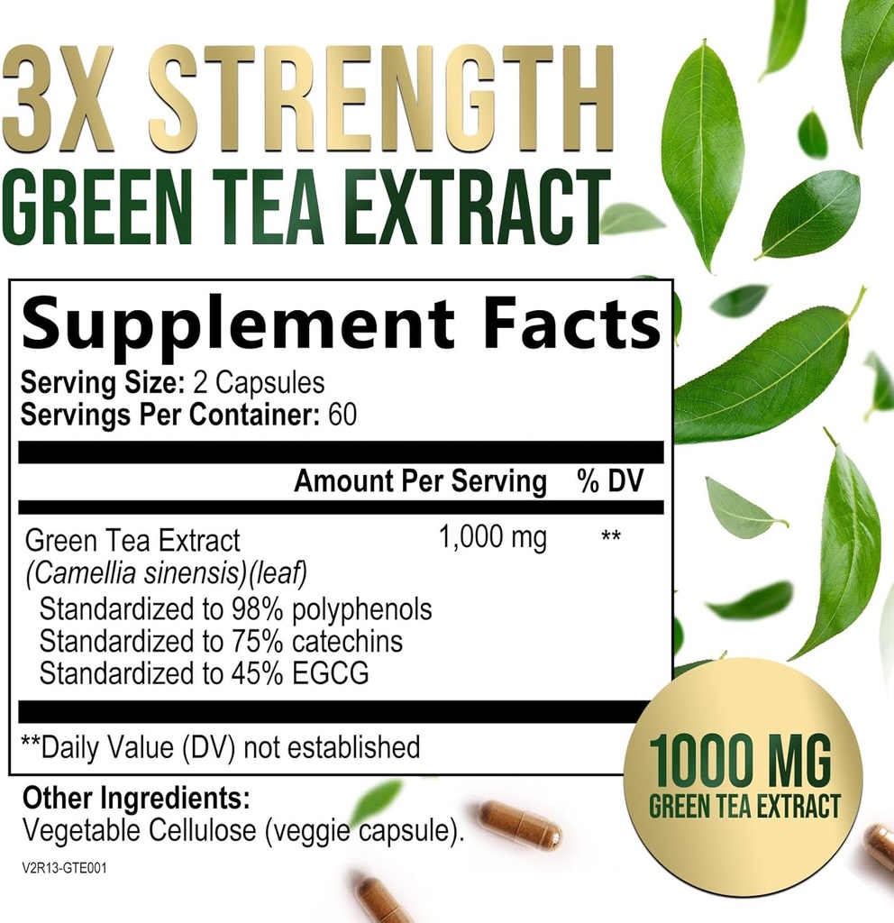 Green Tea Extract Capsules 1000mg 98% Standardized EGCG - 3X Strength for Natural Energy - Heart Support with Polyphenols - Gentle Caffeine - 120 Capsules 3