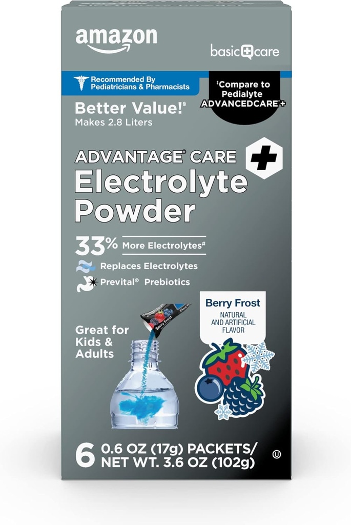 Basic Care Advantage Care Electrolyte Powder Packets for Rehydration, Berry Frost, 6 Count 2