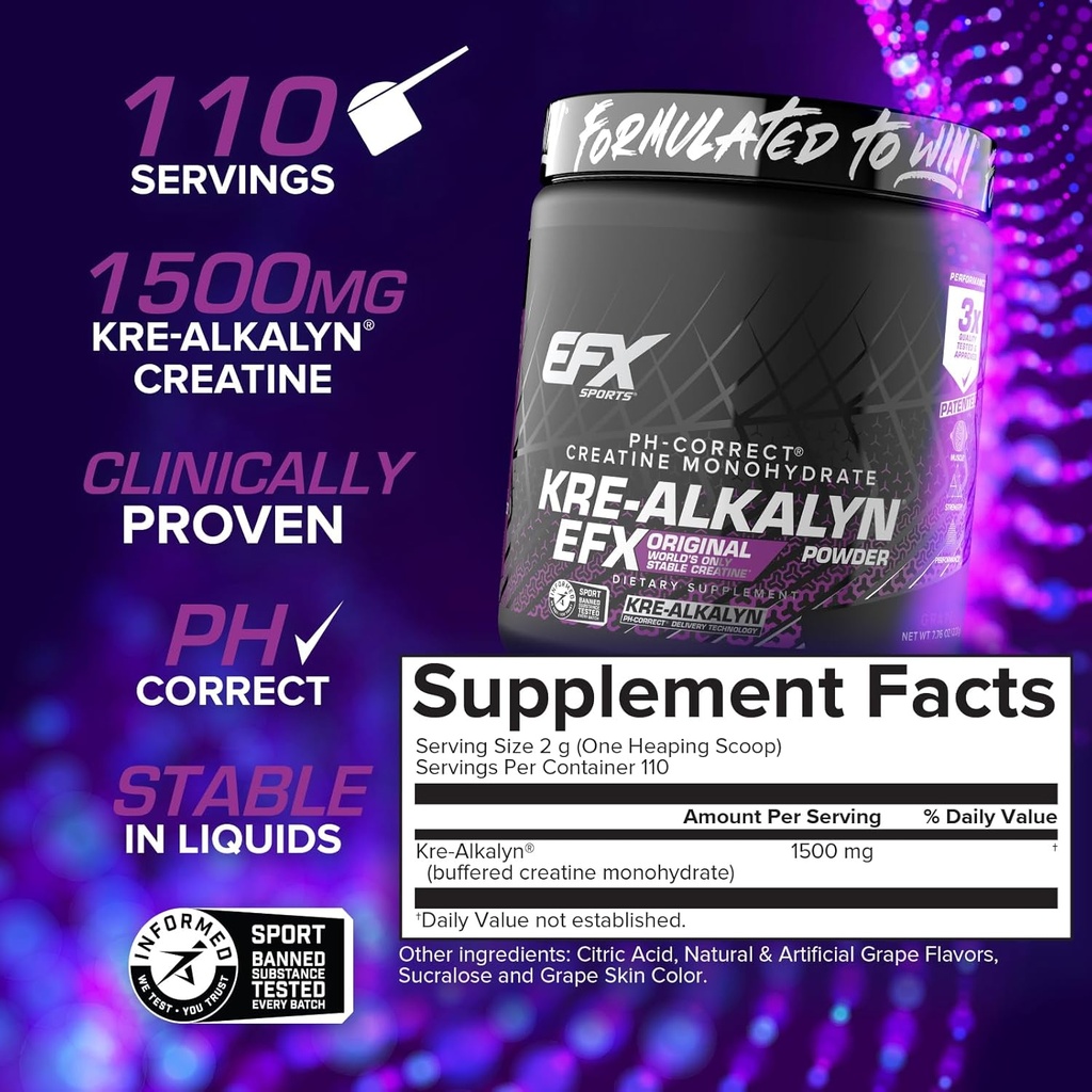 EFX Sports Kre-Alkalyn EFX Powder | pH Correct Creatine Monohydrate Powder Supplement | Strength, Muscle Growth & Performance | 110 Servings (Grape) 4