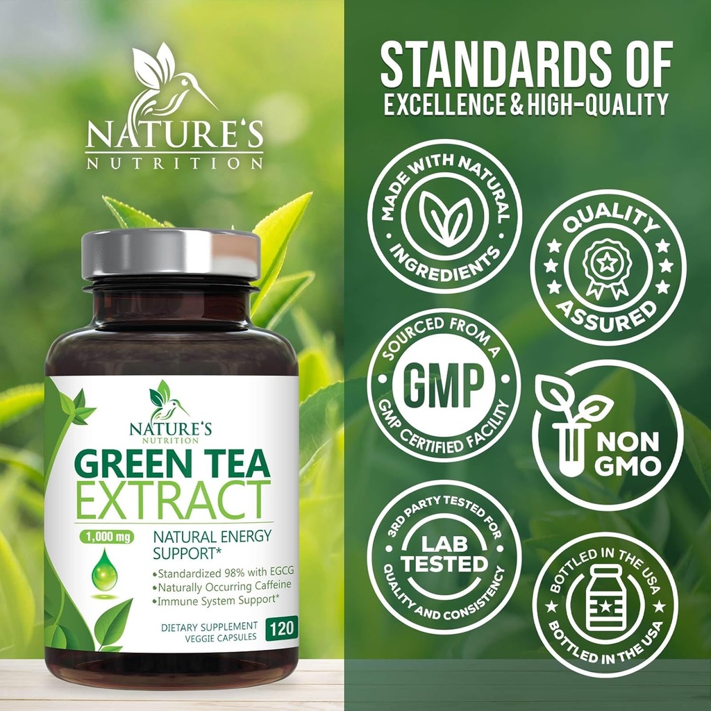 Green Tea Extract Capsules 1000mg 98% Standardized EGCG - 3X Strength for Natural Energy - Heart Support with Polyphenols - Gentle Caffeine - 120 Capsules 5