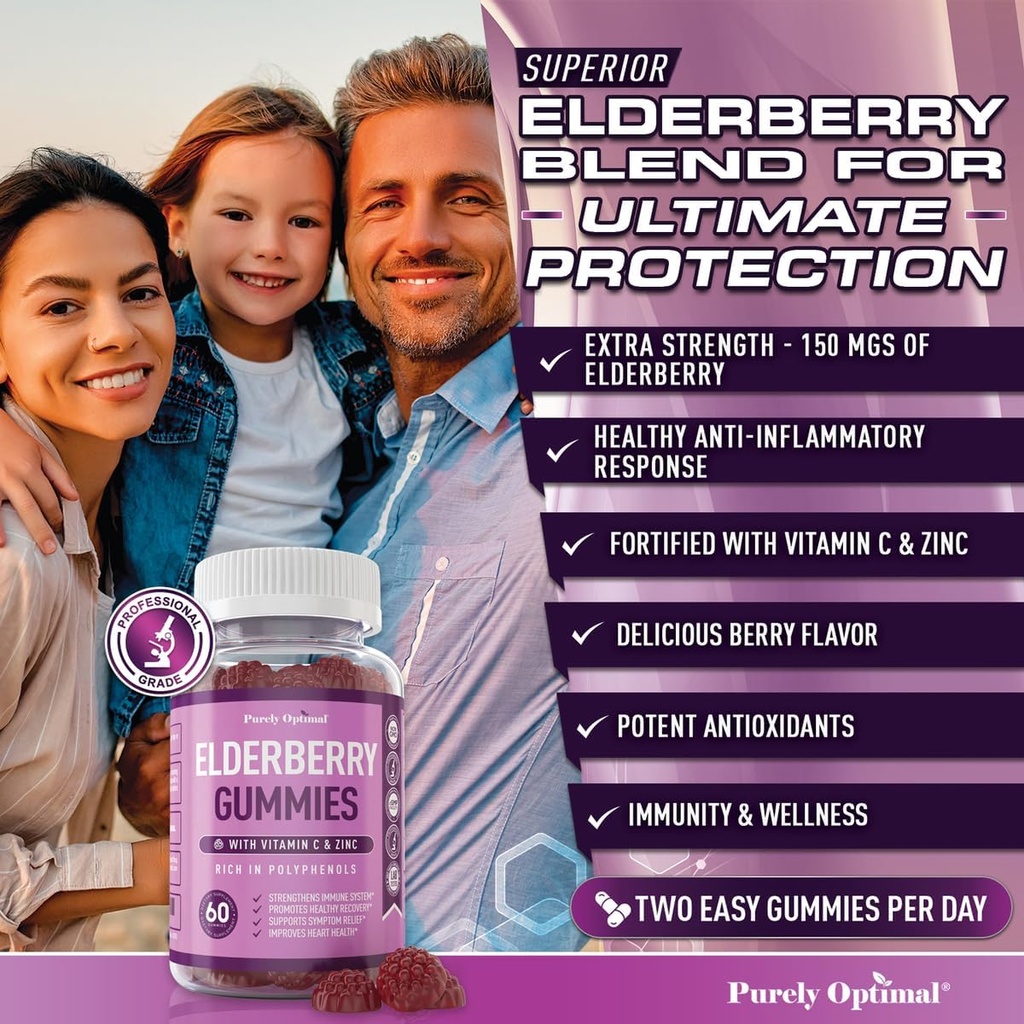 Purely Optimal Elderberry Gummies - Immune Support Supplement with Vitamin C & Zinc, Organic Black Elderberry Extract, Vegan, Non-GMO, Gluten-Free, 60 Count 5