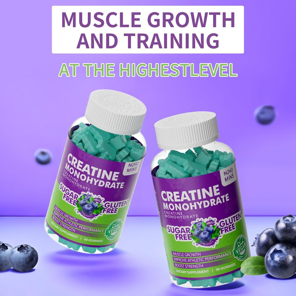 novomins Creatine Monohydrate Gummies for Men & Women, Chewables Creatine Monohydrate for Muscle Strength, Muscle Builder, Energy Boost, Pre-Workout Supplement(180 Count)-Blueberry Flavor. 2 Pack 5