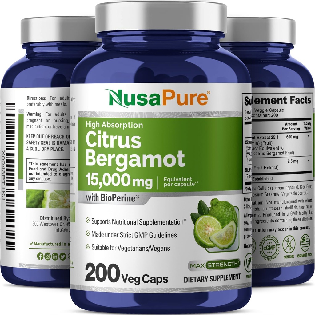 NusaPure Citrus Bergamot Capsules 15,000mg, 200 Capsules - 25:1 Bergamot Extract - 200 Servings, Bioperine, Vegan, Non-GMO 5