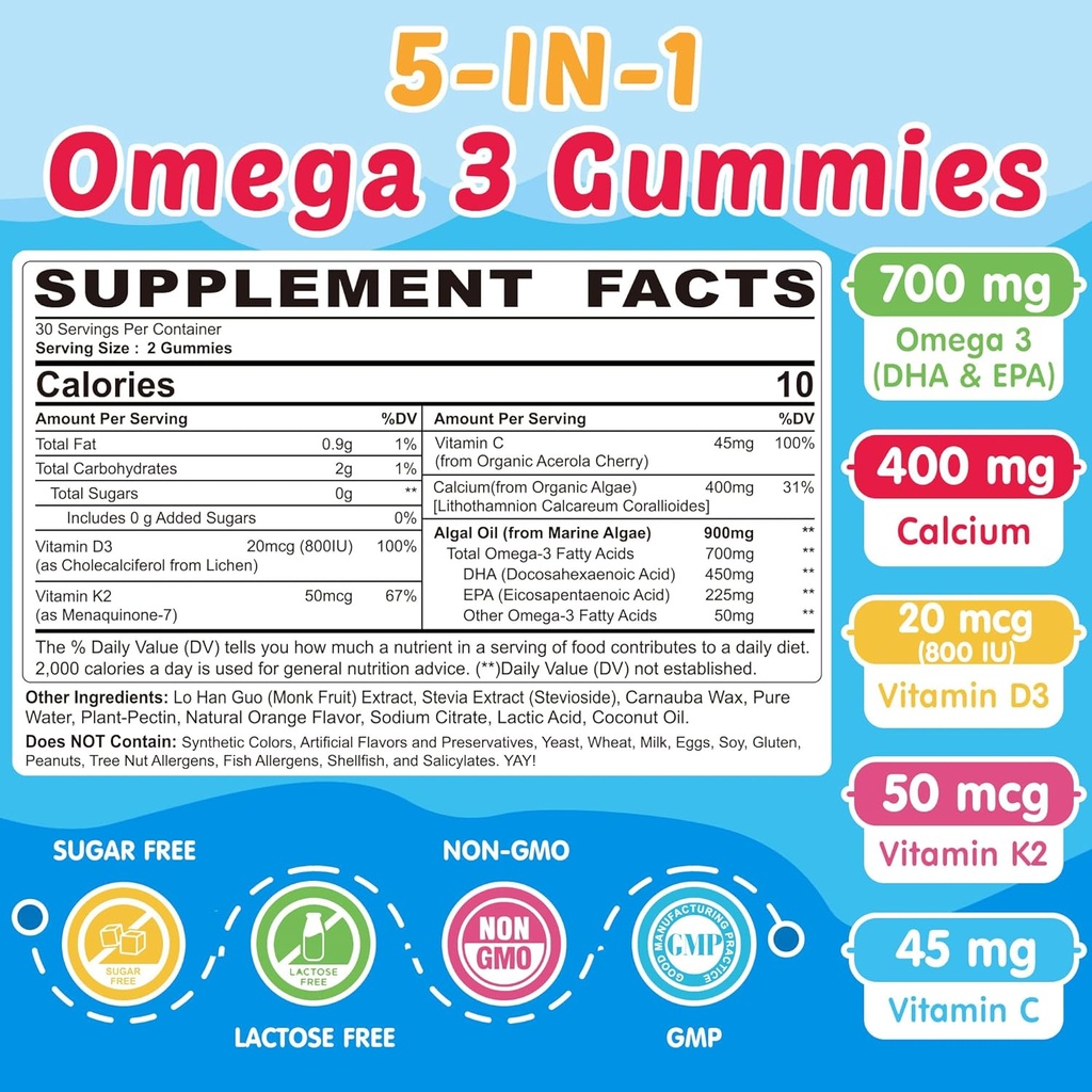 Kids Omega 3 Gummies + Calcium 400mg + Vitamin D3 K2 + C, Omega-3 DHA & EPA Supplement - No Fish Burps, No Sugar - Kids & Teens Omḛga 3 + Multivitamin Gummy for Strong Bones, Brain, Immune, Eye, 60Cts 3