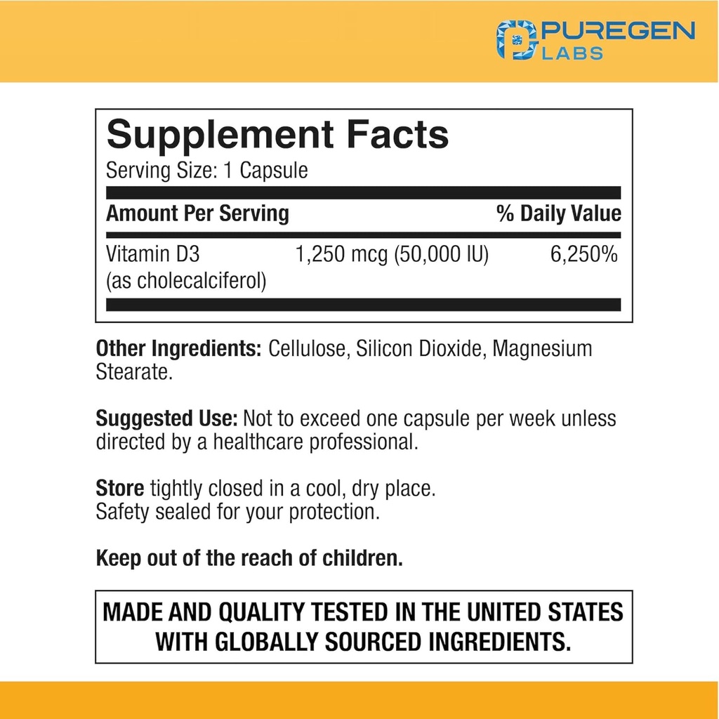Puregen Labs Vitamin D3 50,000 IU (1250 mcg) 100 Weeks Supply for Healthy Muscle Function, and Immune Support, Non-GMO, Gluten Free 100 Vegetable Capsules 3