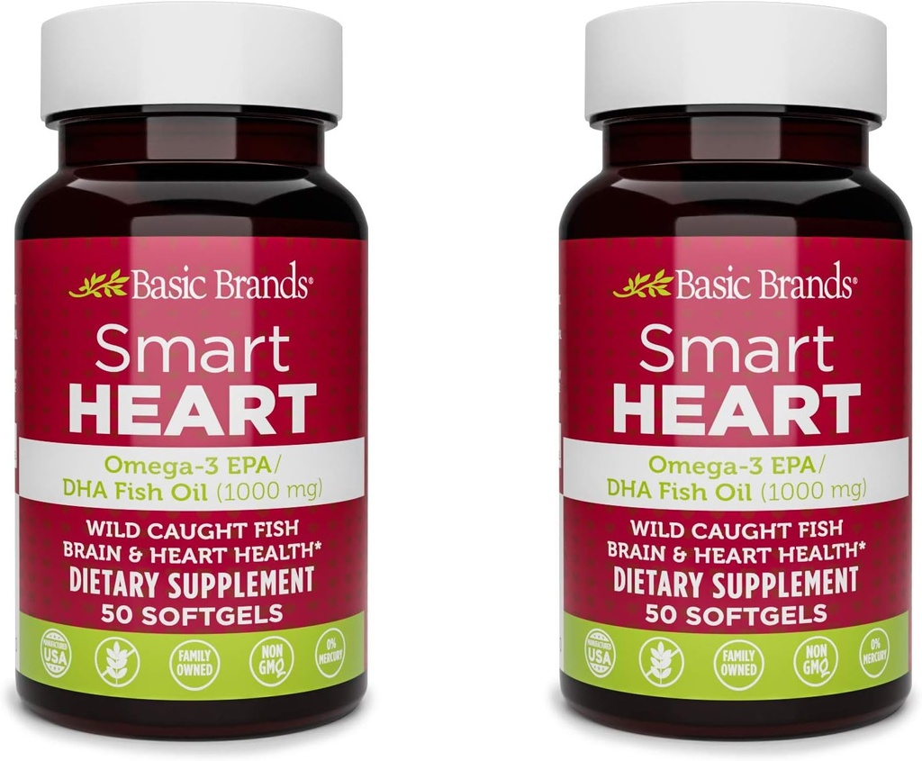 Basic Brands Smart Heart Omega-3 Fish Oil 1000mg - Triple Strength EPA & DHA, Non-GMO, Heart & Cognitive Support - 50 Burpless Softgels - 2-Pack 2