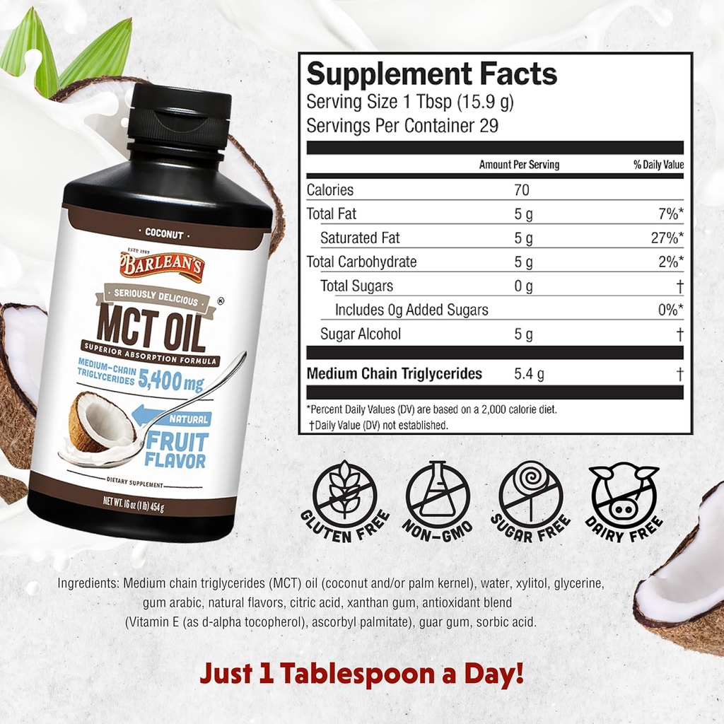 Barlean's MCT Oil Supplement, Coconut Flavored for Keto Coffee, Emulsified Creamy Liquid Syrup with 5,400mg Plant-Based MCT's to Support Energy, Focus and Wellness, 16 oz 3