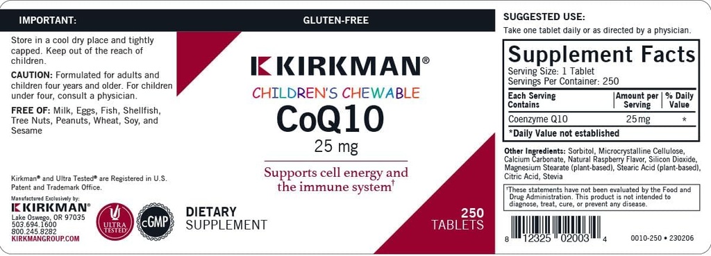 Kirkman Coenzyme Q10 25 mg Children's Chewable Tablets || 250 Tablets || CoQ10 || Free of Common allergens || Gluten Free || Casein Free || Supports Immune System 4