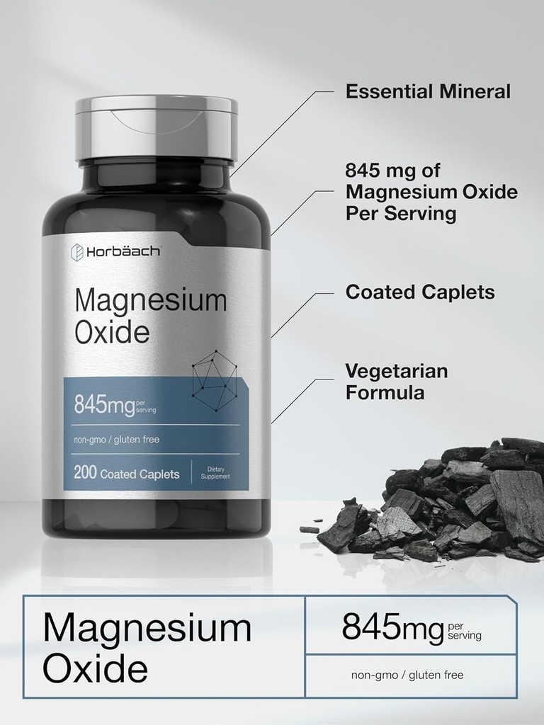 Horbäach Magnesium Oxide | 845 mg | 200 Coated Caplets | Vegetarian, Non-GMO, and Gluten Free Supplement 5