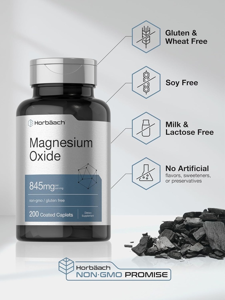 Horbäach Magnesium Oxide | 845 mg | 200 Coated Caplets | Vegetarian, Non-GMO, and Gluten Free Supplement 6