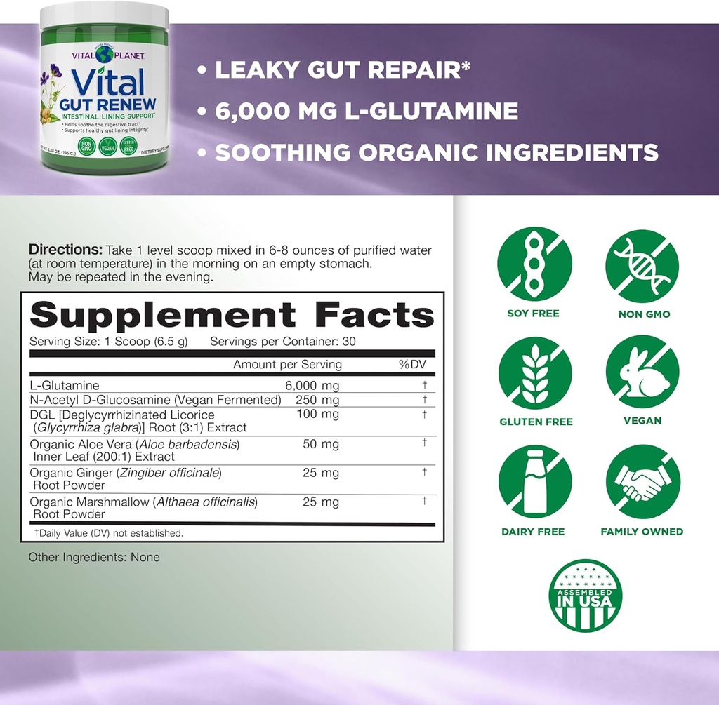 Vital Planet - Vital Gut Renew Powder Supplement for Leaky Gut Repair with L-Glutamine, Marshmallow and Ginger Root, DGL Licorice Root and Organic Aloe Vera, L Glutamine 6000mg 6.88 oz 3