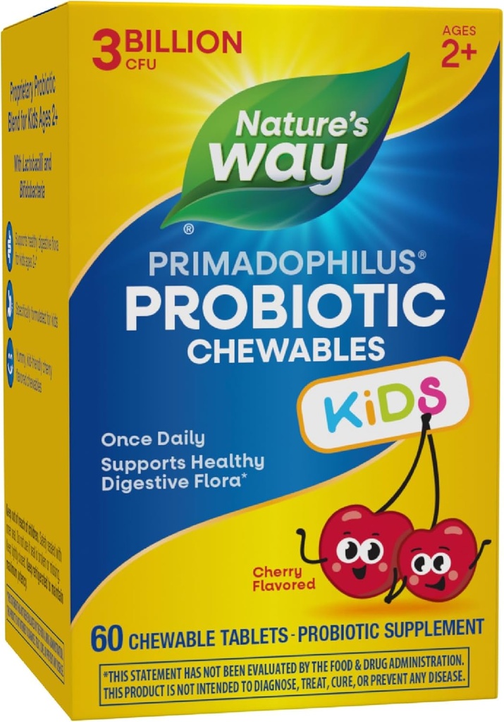 Nature's Way Primadophilus Probiotic Chewables for Kids, Supports Healthy Digestive Flora*, for Kids Ages 2+, 3 Billion CFU, 60 Cherry Flavored Chewables (Packaging May Vary) 2
