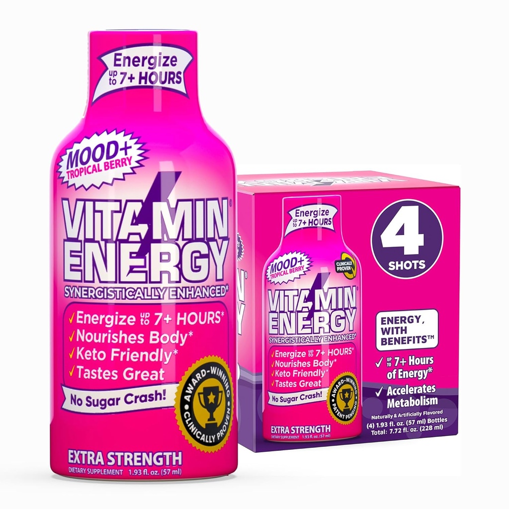 Vitamin Energy Mood+ Extra Strength Energy Shot Tropical Berry 4 Pack, 260mg Natural Caffeine, B-Vitamins, Rhodiola, Chamomile, Mood & Energy Support, Zero Sugar, Gluten-Free, Vegan, 1.93 fl oz 2